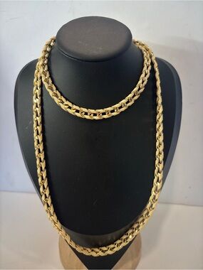 Boho Cream Ribbon & Gold Intertwined Link Necklace 39" Statement Mixed Media